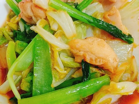 鶏もも　小松菜　白菜の焼肉のたれ炒め